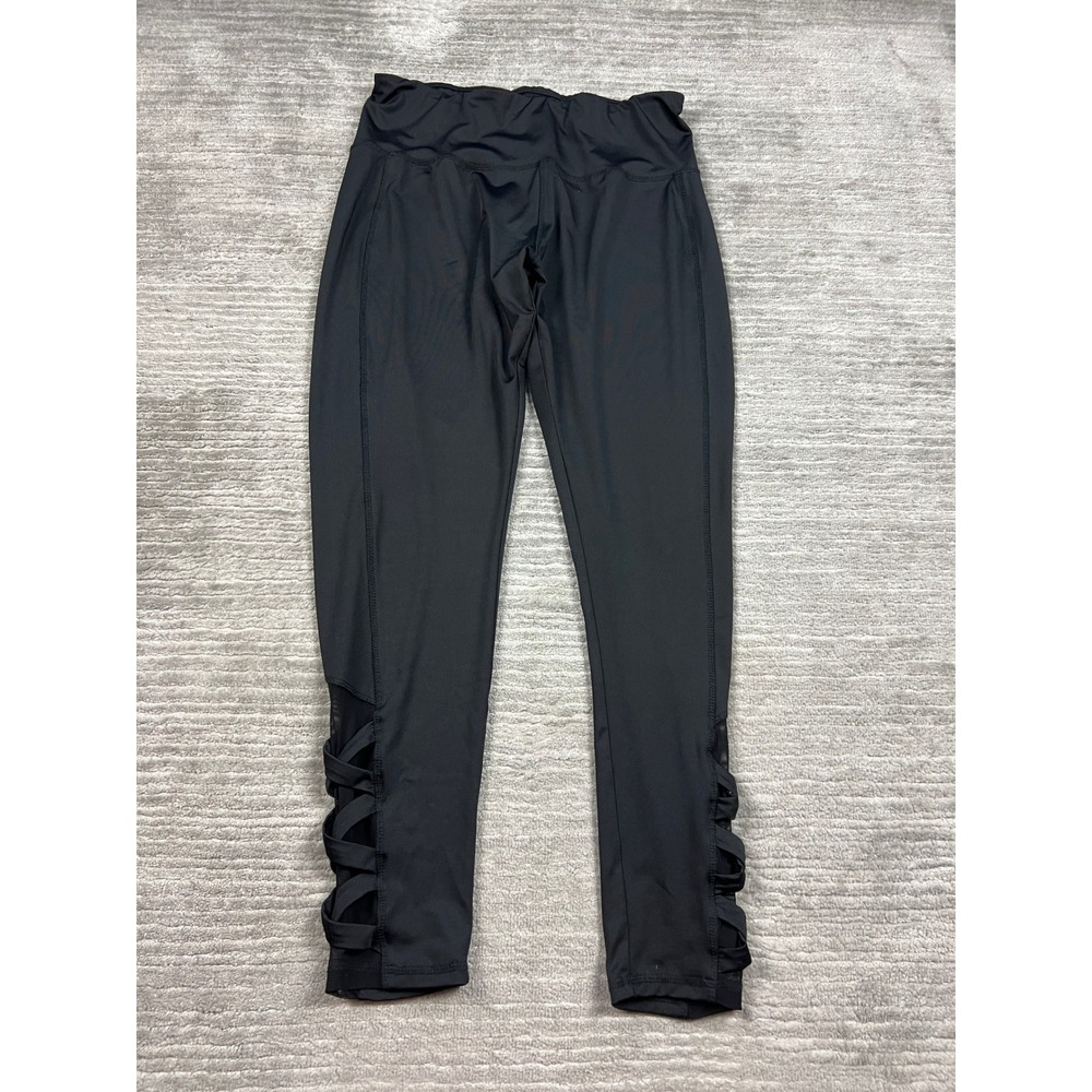 Masseys Leggings Womens L Black Activewear Strappy Lattice Mesh High Rise Capri
